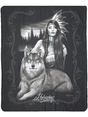 New Native Girl Woman & Wolf Friends Fleece Throw Gift Blanket Indian DGA Soft